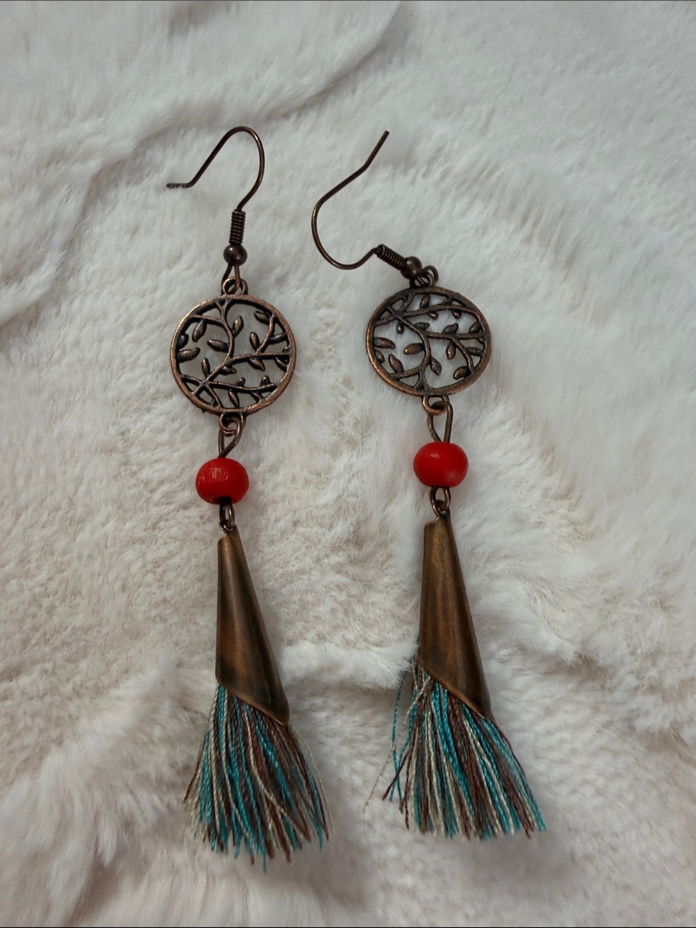 Bohemian Tassel Drop Earrings with Red Bead and Turquoise Accents